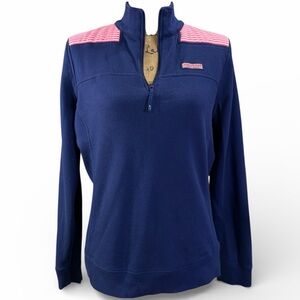 Vineyard Vines Navy Quarter-Zip Pullover with Pink Shoulder Stripes EC Medium